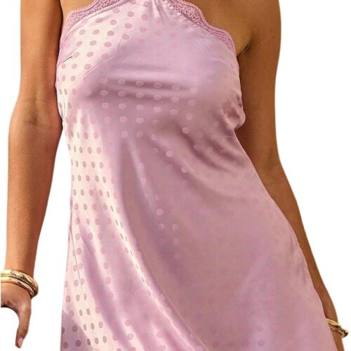 Women's Polka Dots Halter Neck Satin Mini Dress Backless Lace Trim Night Out Party Dresses